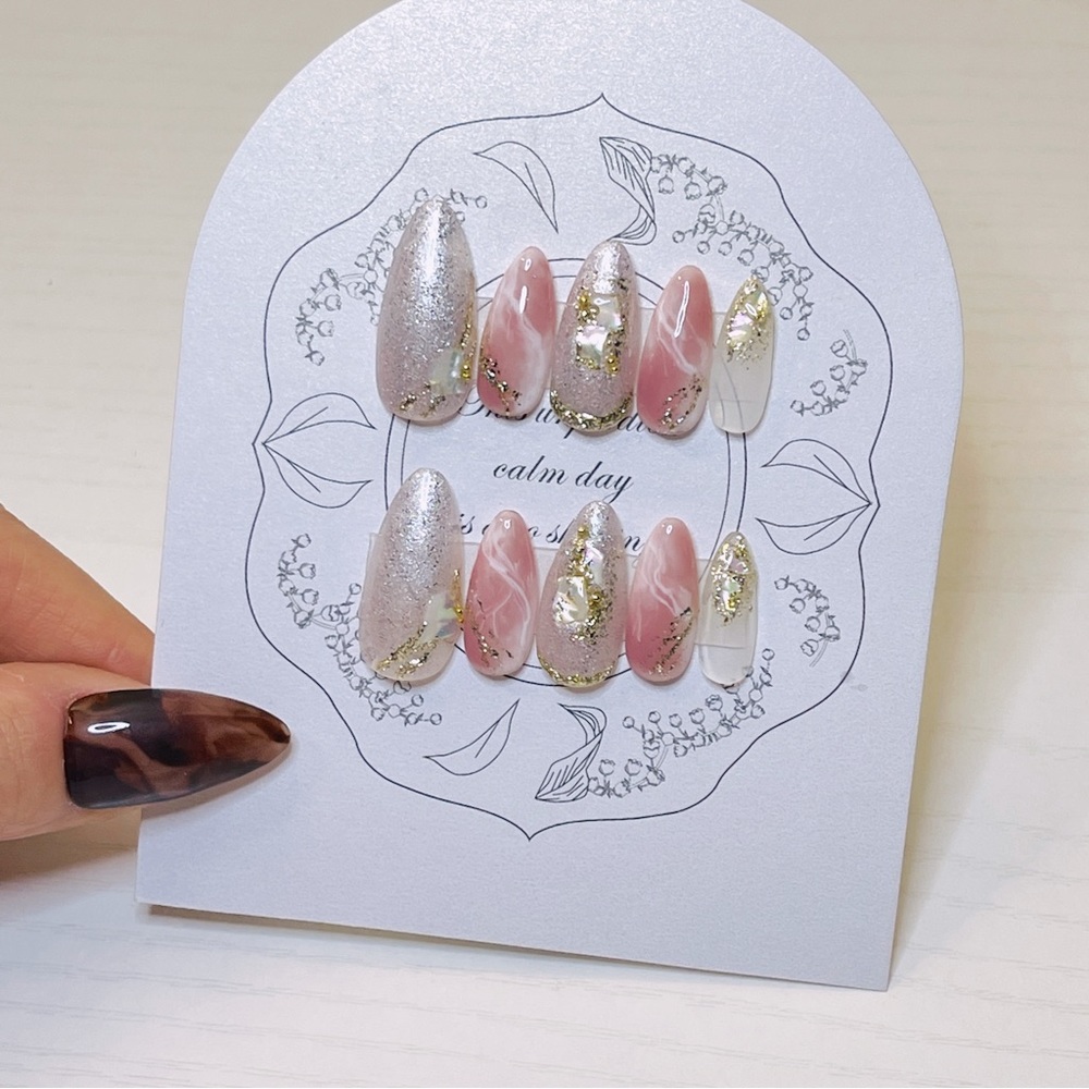 Glitter pink marble nail, gem nail, acrylic and press on nails, fake nails